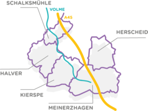 Karte der Region Oben an der Volme: Herscheid, Schalksmühle, Halver, Kierspe und Meinerzhagen